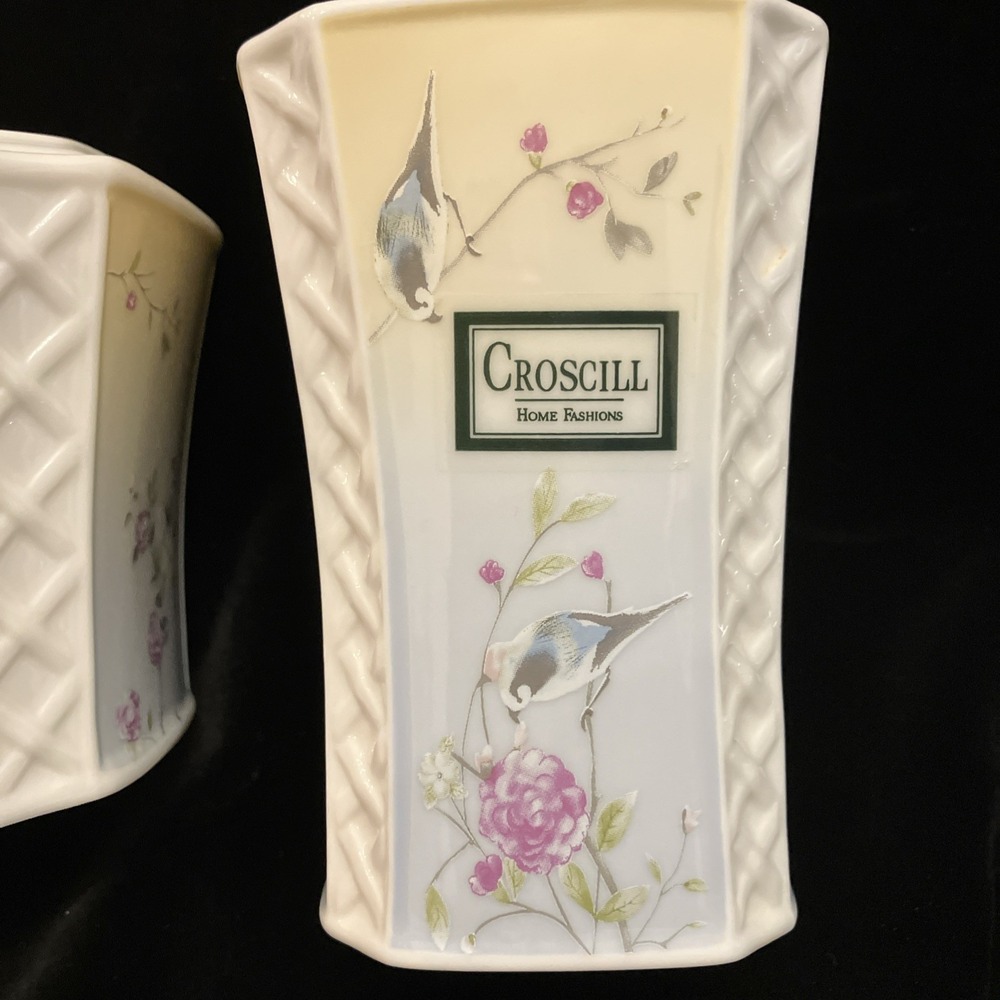 VTG Croscill Blue Wren Floral Lattice Bathroom 3 Pc Ceramic Vanity Rare Pattern - Picture 5 of 16
